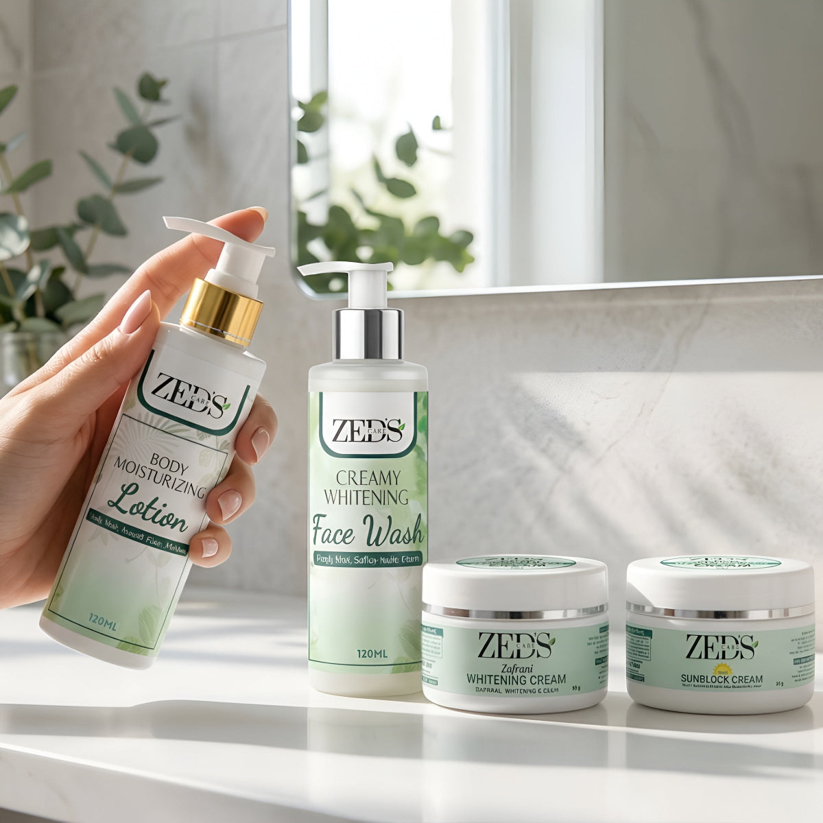 ZED's skincare products on a bathroom counter with a hand holding lotion.