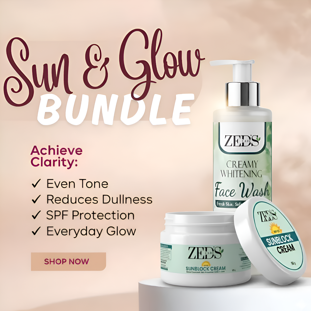 Zes's care Sun & Glow Bundle with face wash, sunscreen cream, and sunblock cream on a beige background.