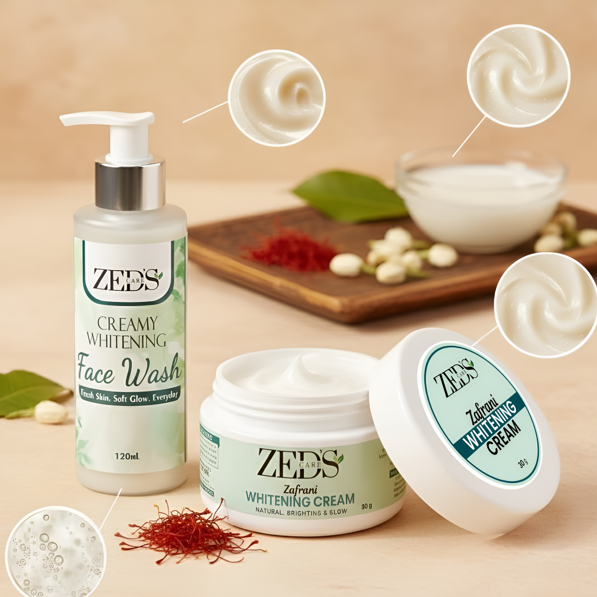 Zee's Creamy Whitening Face Wash and Zee's Whitening Cream on a beige background with saffron and other ingredients.