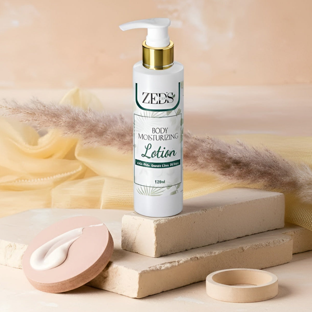Zeds Care body moisturizing lotion bottle on a neutral background with decorative elements