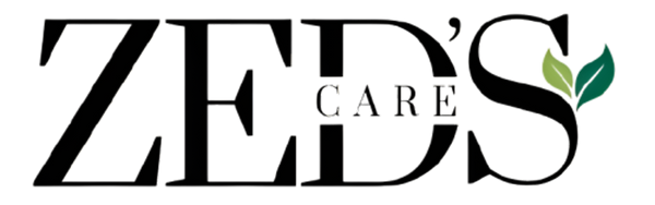 Logo of Zed's Care with a leaf symbol on a white background