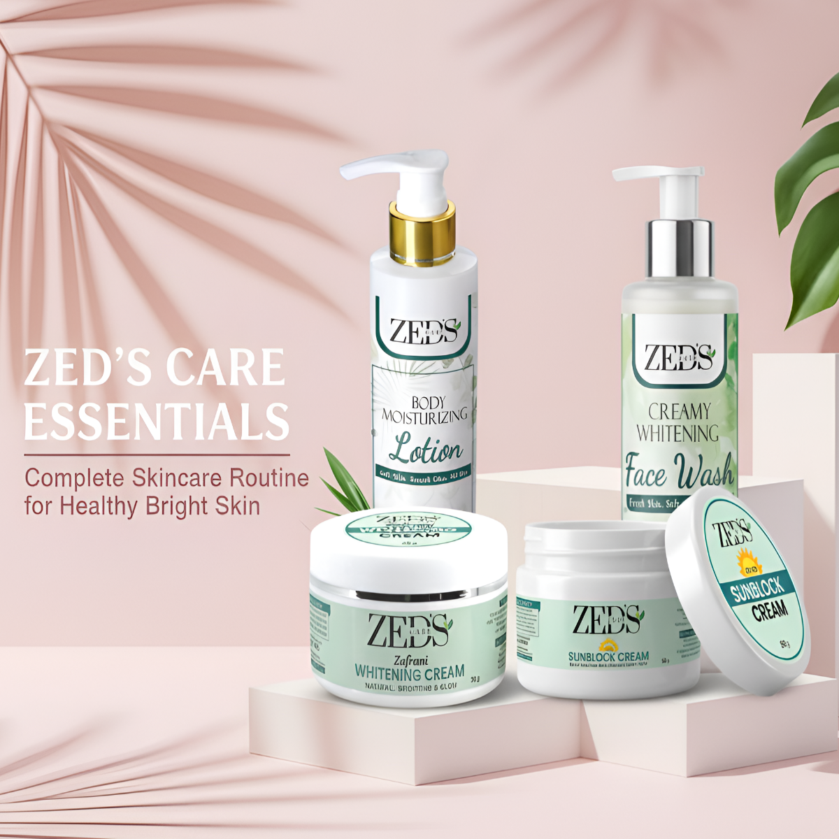 ZED's Care Essentials skincare products on a pink background with palm leaves.
