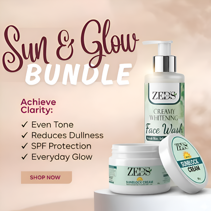 Zes's care Sun & Glow Bundle with face wash, sunscreen cream, and sunblock cream on a beige background.
