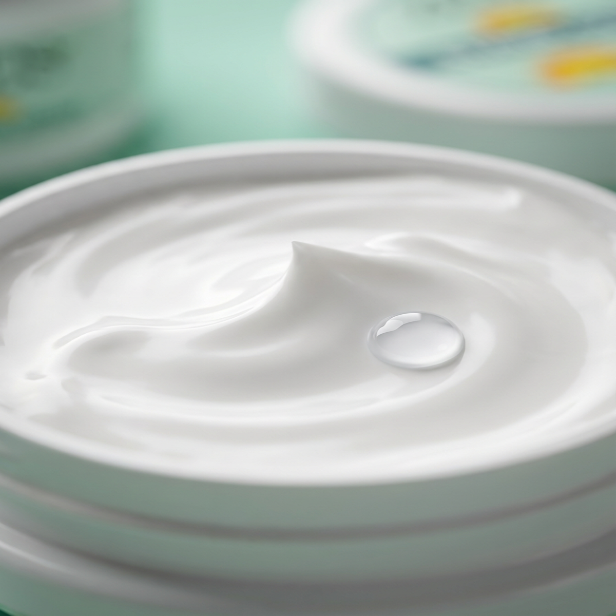 Close-up of a white container with a dollop of cream on a light green background