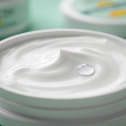 Close-up of a white container with a dollop of cream on a light green background