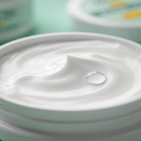Close-up of a white container with a dollop of cream on a light green background