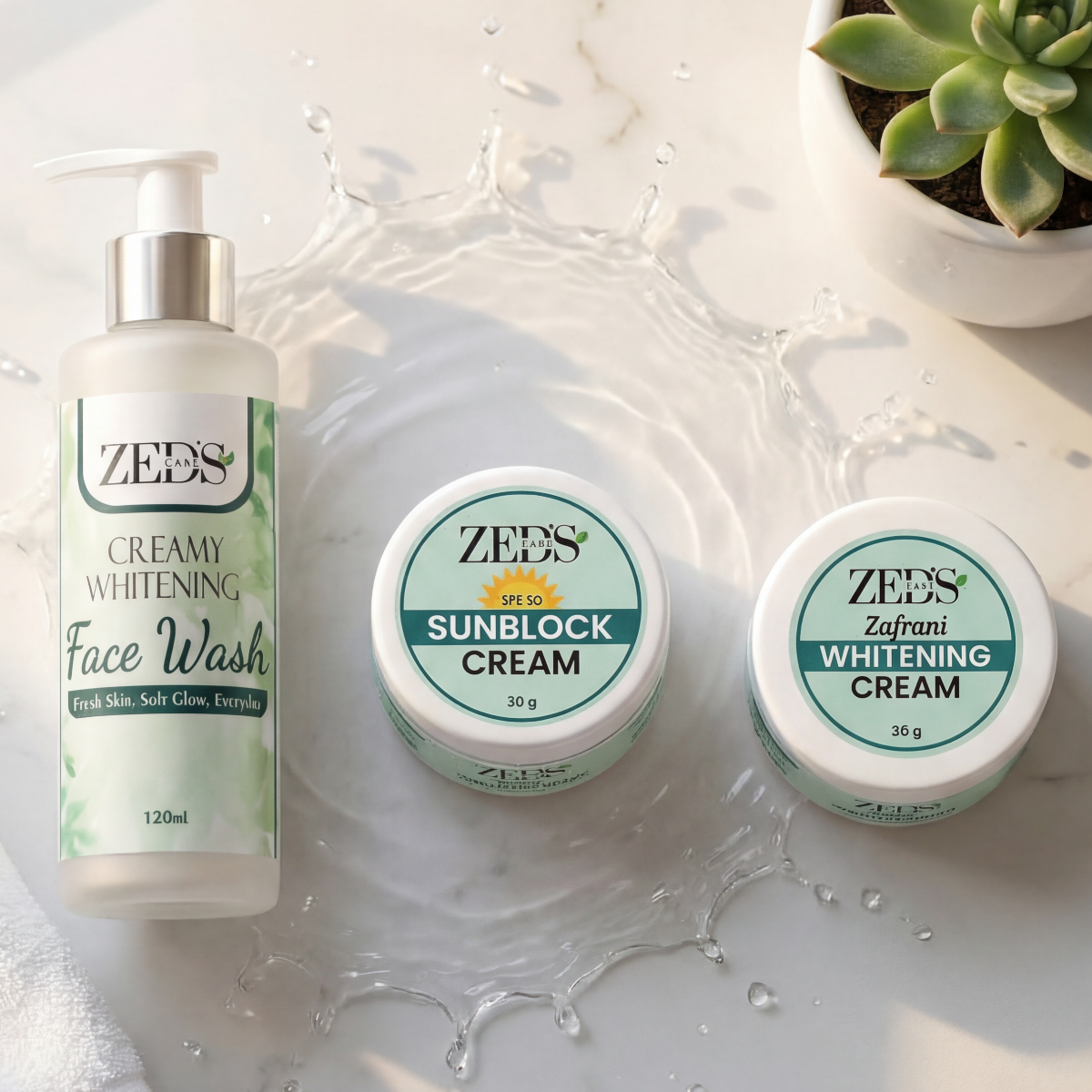 Zed's skincare products including face wash, sunblock cream, and whitening cream on a marble surface with a succulent plant.