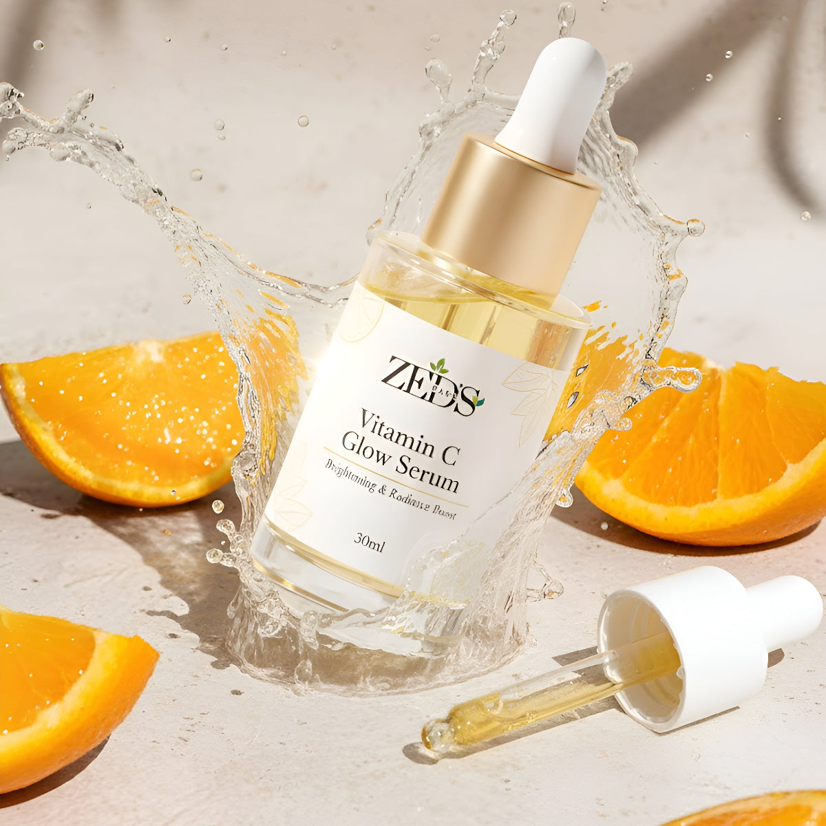 ZEDS Vitamin C Glow Serum with orange slices on a light background
