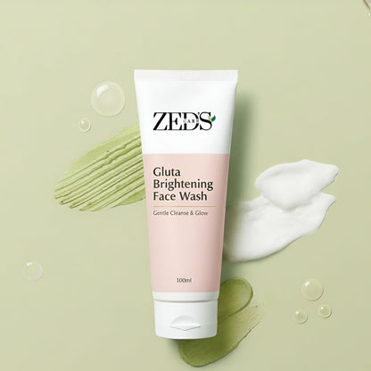 ZEDS Gluta Brightening Face Wash tube on a green background with soap bubbles and a swatch of soap.
