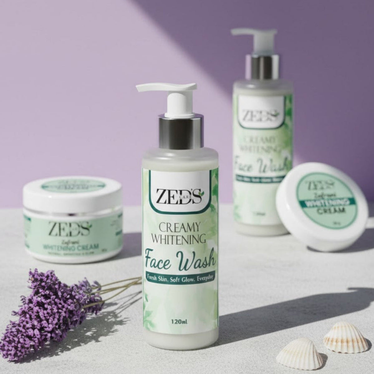 ZEDS skincare products including face wash, cream, and lotion on a light surface with a purple background.