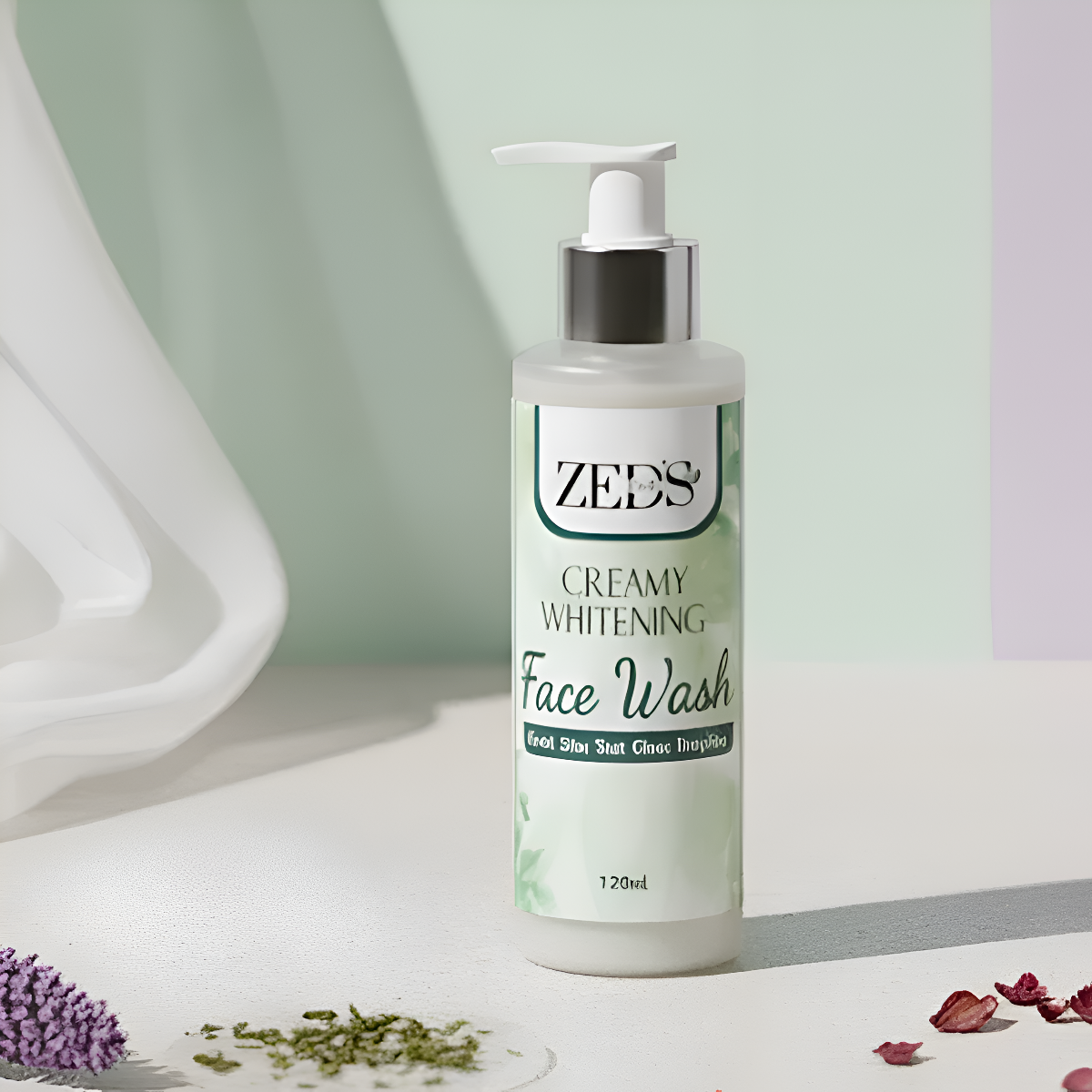 ZEDS Creamy Whitening Face Wash bottle on a white surface with decorative elements.