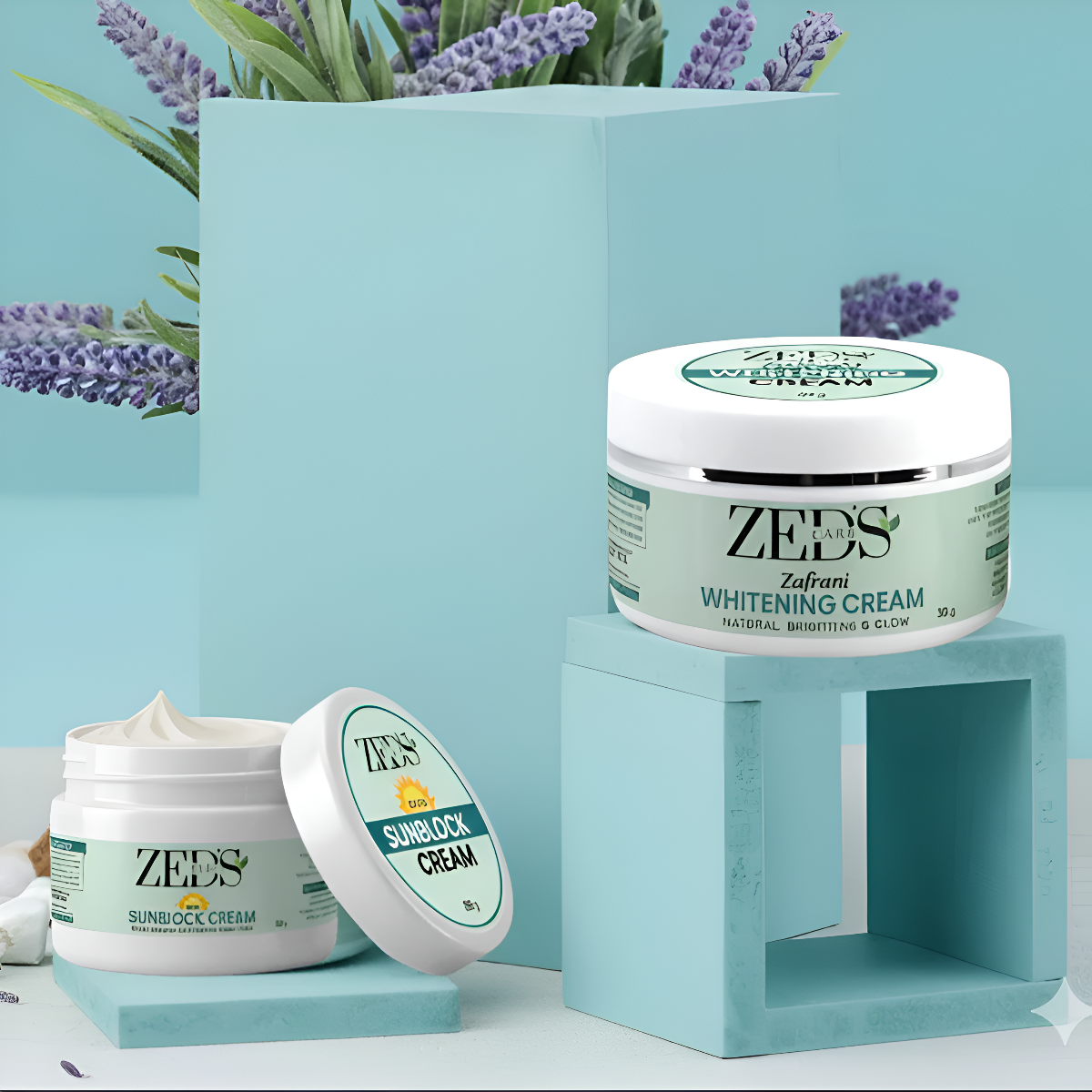 Two jars of Zeds cream on a light blue background with lavender flowers.