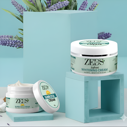 Two jars of Zeds cream on a light blue background with lavender flowers.