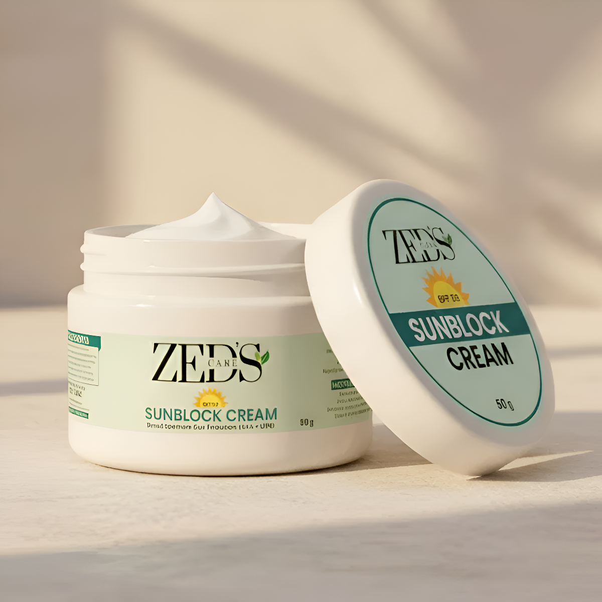 Zed's care Sunblock Cream jar with lid on a neutral background